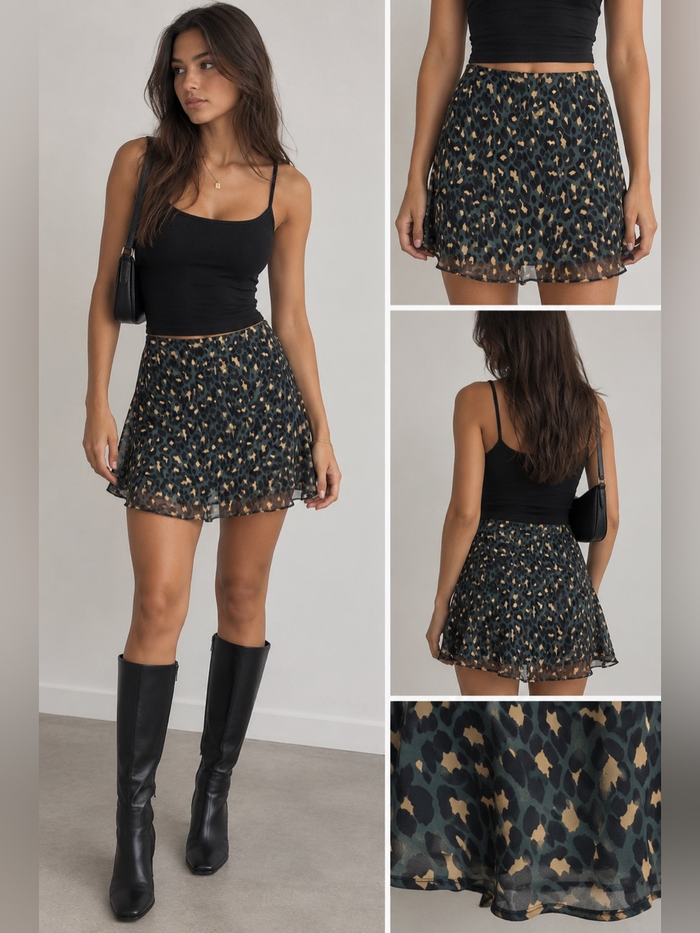 Anthropologie Skirt Womens size XS Leopard Print A-Line in Black and Tan chiffon